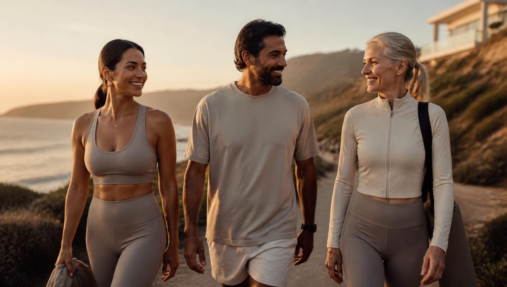 A diverse, multigenerational group walking together at golden hour in tonal athleisure