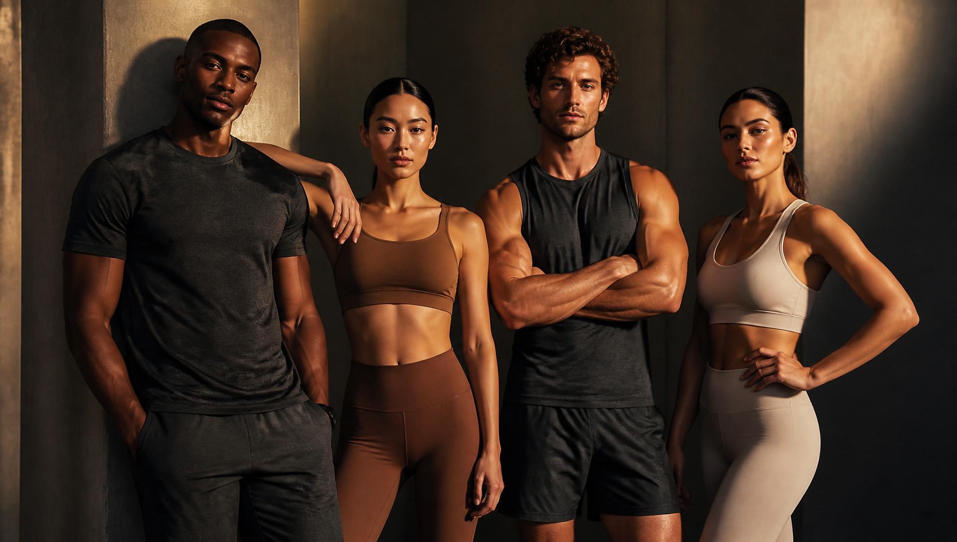 A diverse group of fit adults — mixed race and gender — in tonal activewear, editorial lighting