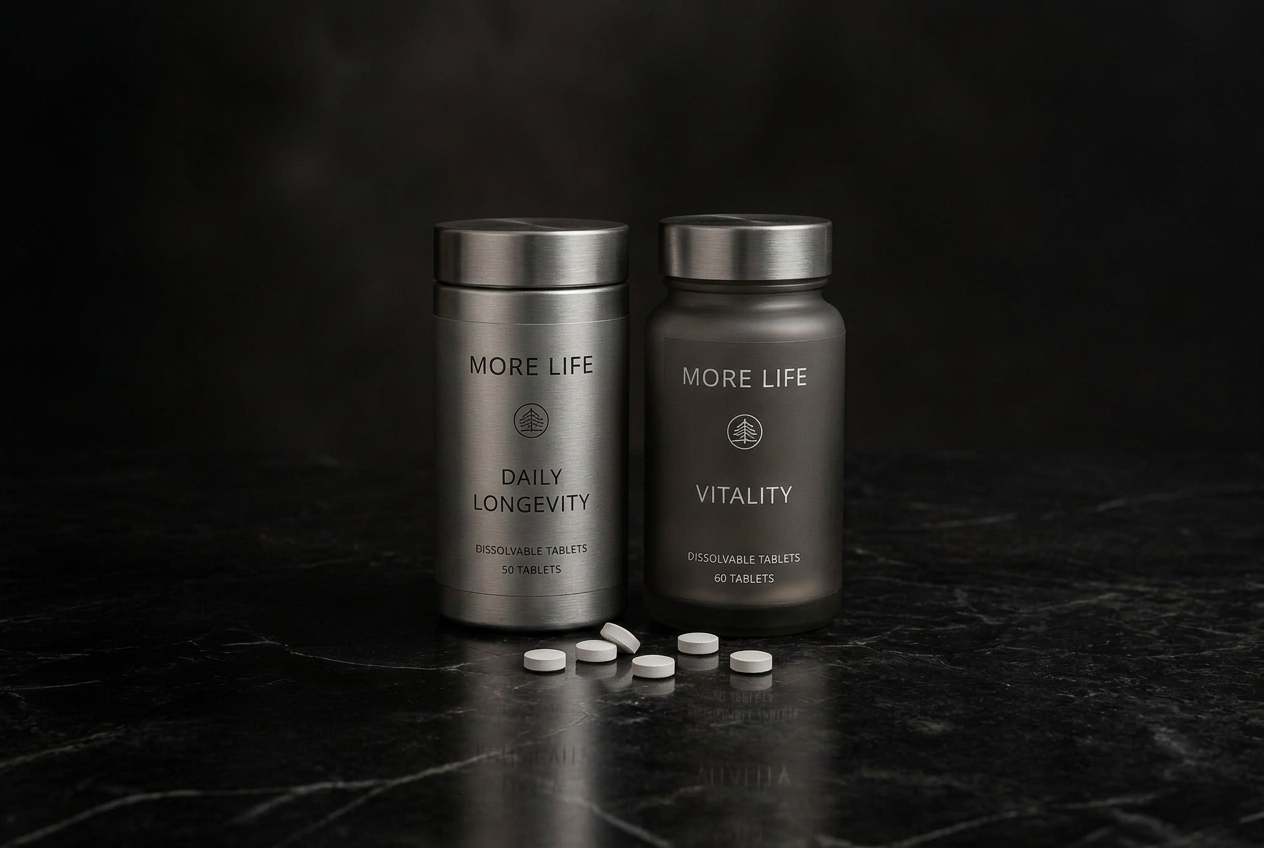 A single elegant frosted glass More Life bottle with gold cap on marble